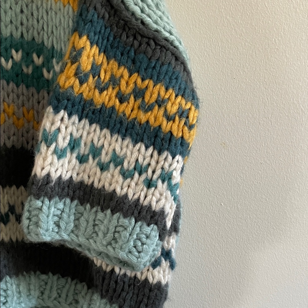 POL Chunky Knit Multicolor Sweater Fair Isle Teal Blue Yellow Stripe - Picture 4 of 9